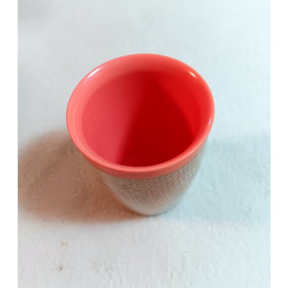 Lot of 2 Raffiaware tumblers peach interiors burlap 3.75" tall MCM plastic - Picture 3 of 4